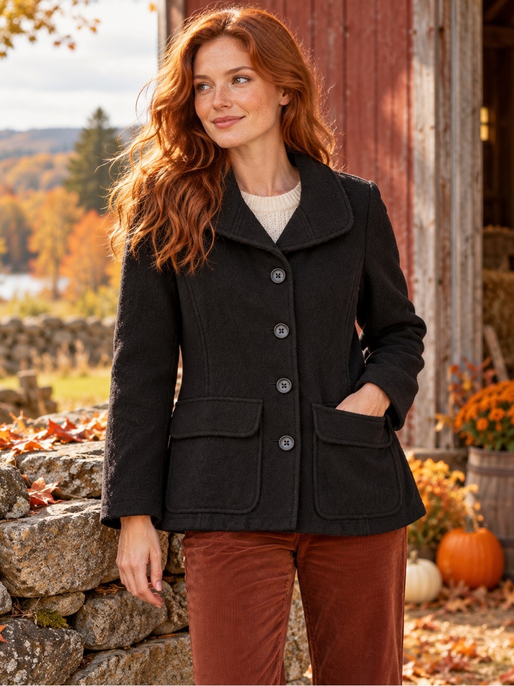 L.L.Bean Bellandi Black 100% Wool Coat Small Petite 3 Button Italian Fabric
